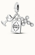 Silver jewelry charms with 'HOLY BIBLE' text 