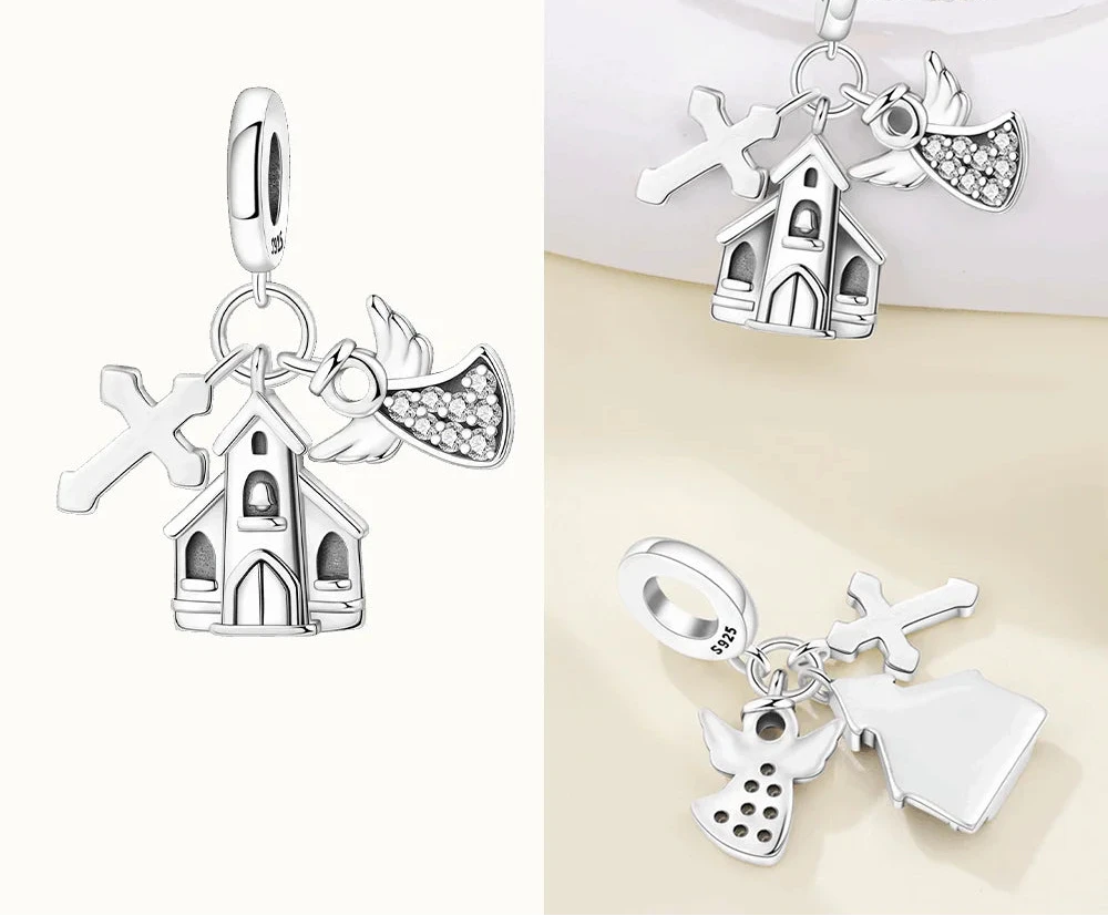 Silver charms with angel, windmill, and church designs on a beige background, 