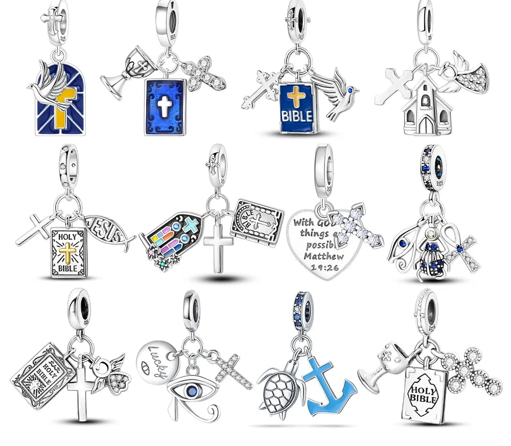 Religious Series Original Charms 925 Silver Bible Cross Dove of Peace Beads Pendant Fit Diy Women's Bracelet Jewelry Gift Making